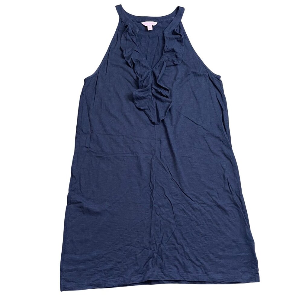 Lilly Pulitzer Shay Dress Womens Size Large Ruffle Halter Neck Cotton Modal Navy